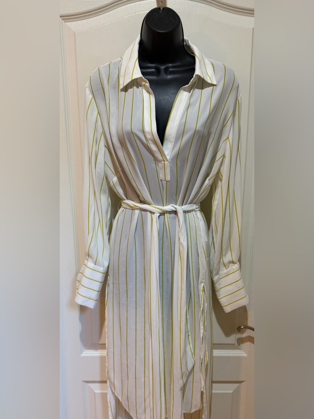 NWT New York & Company White and Yellow Striped Midi Shirt Dress size L - Picture 2 of 5